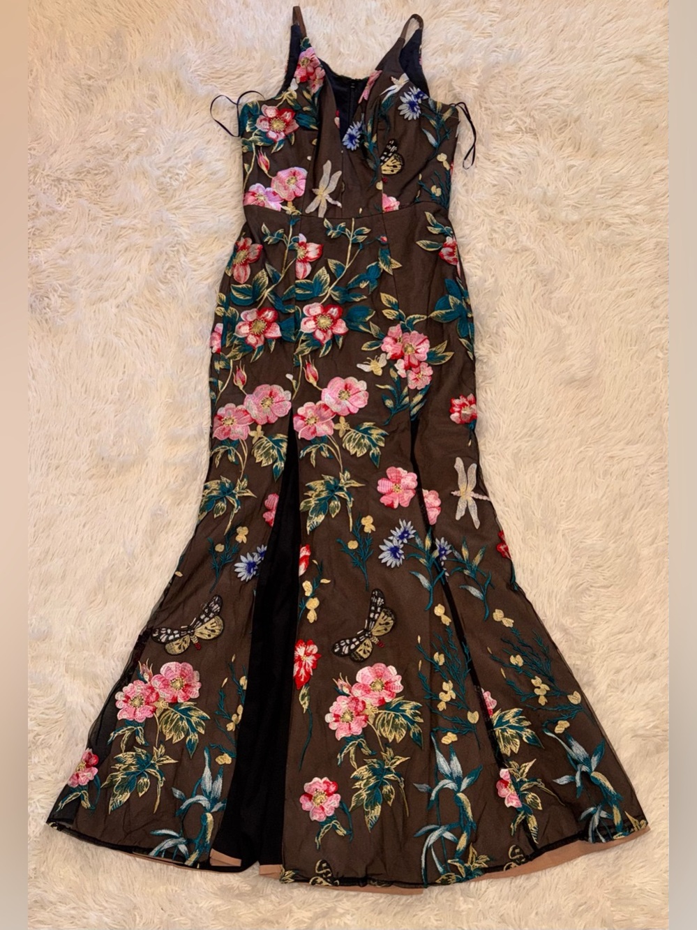 New Dress the Population Brown Floral Maxi Dress with Pink & Teal Blooms - Picture 4 of 9
